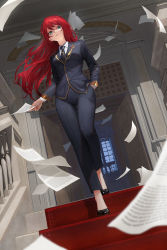 Rule 34 | 1girl, black footwear, black necktie, blurry, blurry foreground, breasts, collared shirt, cool4noodle, dutch angle, floating hair, flying paper, formal, from below, full body, gold trim, green eyes, hand in pocket, high heels, highres, holding, holding paper, indoors, long hair, long sleeves, looking at viewer, medium breasts, necktie, novel illustration, official art, on stairs, original, pants, paper, parted lips, red carpet, red hair, shirt, solo, suit, white shirt, wing collar