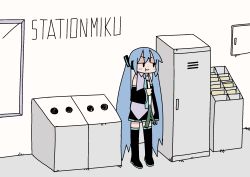 Rule 34 | 1girl, :t, black thighhighs, blue hair, detached sleeves, eating, hatsune miku, highres, icon 315, locker, long hair, necktie, sleeveless, solo, spring onion, thighhighs, twintails, very long hair, vocaloid