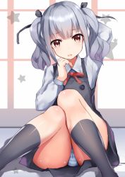 Rule 34 | 10s, 1girl, alternate hairstyle, arm behind head, arm up, black dress, cosplay, dress, hair ribbon, head tilt, henet hene, kantai collection, kashima (kancolle), kashima (kancolle) (cosplay), kasumi (kancolle), knees together feet apart, long sleeves, looking at viewer, open mouth, panties, pantyshot, pinafore dress, pink eyes, remodel (kantai collection), ribbon, school uniform, shirt, silver hair, sitting, sleeveless, sleeveless dress, solo, star (symbol), striped clothes, striped panties, twintails, underwear, wavy mouth