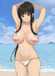 Rule 34 | 1girl, armpits, beach, bikini, black eyes, black hair, blue sky, breasts, closed mouth, cloud, cocq taichou, collarbone, commentary request, day, large breasts, long hair, looking at viewer, nipples, ocean, original, outdoors, sky, solo, standing, swimsuit, thighs, wet, white bikini
