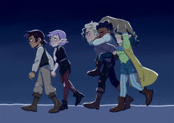 Rule 34 | 2boys, 3girls, amity blight, black hair, blonde hair, blood, boots, brown hair, carrying, closed eyes, colored skin, crying, dark-skinned female, dark-skinned male, dark skin, forbes kaytlin, forbeskaytlin, from side, full body, glasses, gus porter, holding hands, hunter (the owl house), jacket, looking at another, luz noceda, multiple boys, multiple girls, no eyewear, pants, pantyhose, piggyback, pointy ears, purple hair, red eyes, scar, scar on leg, short hair, soldraws, spoilers, the owl house, torn clothes, walking, water drop, wet, wet clothes, white skin, willow park, yellow eyes