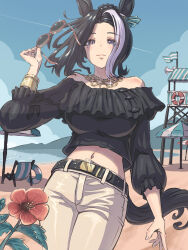 Rule 34 | 1girl, animal ears, bare shoulders, beach, belt, black belt, black hair, black shirt, blue sky, bracelet, breasts, closed mouth, commentary request, cowboy shot, flower, frilled shirt, frills, hair bun, hibiscus, highres, horse ears, horse girl, horse tail, jewelry, large breasts, looking at viewer, mejiro ramonu (umamusume), midriff, multicolored hair, navel, necklace, official alternate costume, outdoors, purple eyes, sand, shirt, short hair, sky, solo, streaked hair, sunglasses, tail, tokiatm, umamusume, watchtower, water, white hair