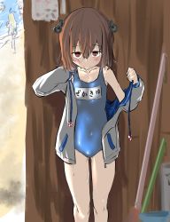 Rule 34 | 2girls, blue one-piece swimsuit, brown eyes, brown hair, collarbone, commentary request, covered navel, cowboy shot, flat chest, furatto (hatusimohumohu), headgear, headset, highres, hood, hooded jacket, hoodie, jacket, kantai collection, multiple girls, name tag, one-piece swimsuit, open clothes, open jacket, school swimsuit, shimakaze (kancolle), short hair, solo focus, speaking tube headset, standing, swimsuit, undressing, white jacket, yukikaze (kancolle)