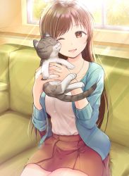 Rule 34 | 1girl, ;d, akisaka yamoka, animal, blue jacket, breasts, brown eyes, brown hair, cat, couch, holding, holding animal, holding cat, idolmaster, idolmaster cinderella girls, indoors, jacket, jewelry, large breasts, long hair, necklace, nitta minami, one eye closed, open mouth, red skirt, shirt, sitting, skirt, smile, solo, white shirt