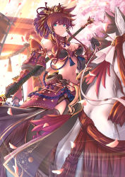Rule 34 | 1girl, armor, asahiru ban, banner, black gloves, black thighhighs, blue eyes, breasts, cherry blossoms, cleavage, commentary, crop top, day, gloves, hair between eyes, hair ornament, highres, holding, holding weapon, horseback riding, japanese armor, kaihime, light rays, long hair, looking at viewer, medium breasts, midriff, naginata, navel, outdoors, petals, polearm, ponytail, red hair, riding, rope, sengoku fubu, sidelocks, solo, stomach, sunlight, thighhighs, thighs, torii, vambraces, weapon