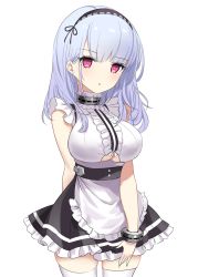 Rule 34 | 1girl, apron, arm behind back, azur lane, bad id, bad pixiv id, blue hair, breasts, closed mouth, dido (azur lane), feet out of frame, hairband, hand on back, highres, kiki-yu, large breasts, light blue hair, long hair, looking at viewer, maid, maid apron, purple eyes, solo, standing, thighhighs, white background, white thighhighs