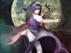 Rule 34 | 1girl, apron, ashes, bad id, bad pixiv id, between fingers, bow, braid, from side, full moon, green bow, hair bow, holding, holding weapon, izayoi sakuya, knife, maid headdress, md5 mismatch, moon, night, night sky, pink lips, purple eyes, scroll lock (scrool5), short hair, short sleeves, silver hair, sky, smoke, solo, standing, thighhighs, throwing knife, touhou, twin braids, upskirt, waist apron, weapon, white thighhighs, wind