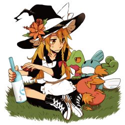 Rule 34 | 1girl, alcohol, apron, bad id, bad pixiv id, blonde hair, blush stickers, bottle, bow, braid, converse, creatures (company), crossover, flower, game freak, gen 3 pokemon, grass, hair flower, hair ornament, hat, hat bow, hosomitimiti, kirisame marisa, long hair, looking to the side, mudkip, nintendo, plate, pokemon, pokemon (creature), sake, shoes, simple background, single braid, sitting, sneakers, starter pokemon trio, sweat, sweatdrop, torchic, touhou, treecko, wavy mouth, white background, witch hat, worried, yellow eyes