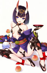Rule 34 | 1girl, blush, bottle, breasts, collarbone, cup, fangs, fate/grand order, fate (series), food, fruit, headpiece, holding, holding cup, horns, japanese clothes, kimono, knee up, looking at viewer, obi, oni, parted lips, peach, purple eyes, purple hair, purple kimono, revealing clothes, sakazuki, sake bottle, sash, seiru (prairie), shadow, short hair, shuten douji (fate), simple background, sitting, skin-covered horns, small breasts, smile, solo, thick eyebrows, white background