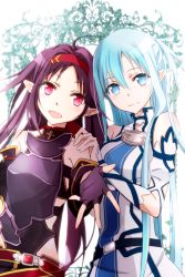 Rule 34 | 10s, 2girls, ahoge, armor, asuna (sao), asuna (sao-alo), bare shoulders, blue eyes, blue hair, breastplate, detached sleeves, fingerless gloves, gloves, hairband, hand on another&#039;s shoulder, long hair, looking at viewer, multiple girls, outstretched hand, parted lips, pink eyes, pointy ears, purple hair, sword art online, tsukimori usako, very long hair, yuuki (sao)