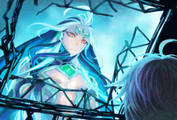 Rule 34 | 1boy, androgynous, aqua hair, azuma toh, blue hair, character request, eyeshadow, face, fate/grand order, fate (series), forehead jewel, glowing, hat, highres, long hair, looking at another, makeup, pectoral cleavage, male focus, multicolored hair, orange eyes, pectorals, shi huang di (fate), red eyeshadow, smile, solo focus, streaked hair, toned, toned male, very long hair, white hair