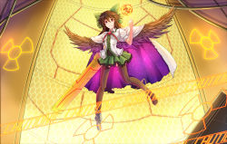 Rule 34 | 1girl, arm cannon, bird wings, black thighhighs, black wings, bow, cape, caution, energy ball, flying, hair bow, highres, kaiyi, puffy sleeves, radiation symbol, red eyes, reiuji utsuho, shirt, short sleeves, skirt, solo, space, thighhighs, touhou, weapon, wings, zettai ryouiki