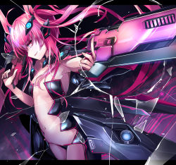 Rule 34 | 1girl, ahoge, bemani, bikini, black bikini, breasts, broken glass, commentary, cowboy shot, evil eye (sound voltex), glass, glass shards, grace (sound voltex), gun, hair ornament, highres, holding, holding gun, holding weapon, kie (yospcd), letterboxed, long hair, looking to the side, mechanical wings, mixxion, navel, outstretched arm, pink eyes, pink hair, revealing clothes, sidelocks, small breasts, smile, solo, sound voltex, standing, strapless, strapless bikini, swimsuit, twintails, weapon, wings