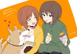 Rule 34 | 2girls, absurdres, afterimage, artist name, brown eyes, brown hair, brown skirt, cardigan, casual, character name, closed eyes, commentary, dated, dog, dress, emilio (tetsukazu no ao), facing another, food, girls und panzer, green dress, half-closed eyes, happy birthday, heart, highres, holding, holding food, looking at another, medium dress, multiple girls, nishizumi maho, nishizumi miho, open mouth, petting, shiba inu, shirt, short hair, siblings, side-by-side, signature, sisters, skirt, smile, squatting, sweet potato, tail, tail wagging, translated, white shirt, yellow cardigan