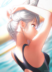Rule 34 | 1girl, absurdres, animal ears, bare arms, black one-piece swimsuit, blue archive, blue eyes, blurry, blurry background, breasts, cat ears, closed mouth, competition swimsuit, earrings, from side, halo, highres, jewelry, long hair, nape, one-piece swimsuit, profile, shiroko (blue archive), shiroko (swimsuit) (blue archive), small breasts, smile, solo, swimsuit, tanatonkub, twitter username, tying hair, upper body, white hair