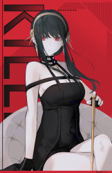 Rule 34 | 1girl, text background, bare shoulders, black dress, black gloves, black hair, breasts, brown hairband, cleavage, commentary, covered navel, crossed legs, dema hmw, dress, feet out of frame, fingerless gloves, gloves, hair between eyes, hairband, highres, long hair, looking at viewer, medium breasts, parted lips, red background, red eyes, sitting, solo, spy x family, yor briar