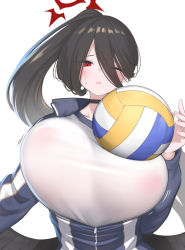 Rule 34 | 1girl, absurdres, ball, black hair, blue archive, bouncing breasts, breasts, choker, covered erect nipples, hair between eyes, halo, hasumi (blue archive), hasumi (track) (blue archive), highres, huge breasts, inconvenient breasts, jacket, jersey, long bangs, long hair, looking at viewer, one eye closed, open mouth, partially unzipped, ponytail, red eyes, sasakura momiji, see-through, shirt, simple background, solo, taut clothes, taut shirt, track jacket, track suit, unaligned breasts, upper body, very long hair, volleyball, volleyball (object), white background, white shirt