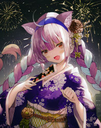 1girl, :d, aerial fireworks, ahoge, animal ear fluff, animal ears, bad id, bad pixiv id, bangs, blue hair, blue hairband, blush, braid, brown footwear, building, cat ears, closed fan, fan, fang, fireworks, floral print, flower, folding fan, hair between eyes, hair flower, hair ornament, hairband, head tilt, highres, holding, holding fan, hololive, japanese clothes, kimono, long sleeves, looking at viewer, minato aqua, multicolored hair, night, night sky, obi, open mouth, outdoors, print kimono, purple hair, purple kimono, red eyes, sash, senya fuurin, sky, smile, solo, twin braids, twintails, two-tone hair, upper body, virtual youtuber, wide sleeves