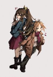 Rule 34 | 2girls, absurdres, arknights, black pants, black shoes, blonde hair, blush, boots, bow, brown coat, brown hair, brown jacket, coat, feather hair, fingers together, flipped hair, green eyes, hair bow, hair ornament, hairclip, heart, highres, huge filesize, jacket, kafka (arknights), long sleeves, looking at viewer, looking back, mole, mole under eye, multiple girls, own hands together, pale skin, pants, parted lips, pinecone (arknights), ponytail, red scarf, red skirt, scarf, shoes, simple background, skirt, slit pupils, standing, sweater, togekk0, white sweater, yellow eyes