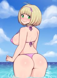 Rule 34 | 1girl, afrobull, ao no exorcist, ass, biniki, blonde hair, blush, breasts, cloud, curvy, covered erect nipples, eyebrows, green eyes, hair ribbon, hip focus, huge ass, large breasts, looking at viewer, looking back, moriyama shiemi, ocean, outdoors, ribbon, short hair, sideboob, sky, smile, solo, thick thighs, thighs, water, wide hips