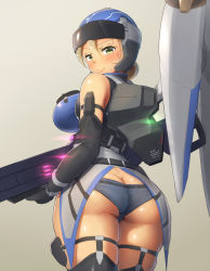 Rule 34 | 1girl, ass, blonde hair, blush, breasts, butt crack, commentary, earth defense force, elbow gloves, gloves, green eyes, helmet, jetpack, large breasts, looking at viewer, looking back, maku ro, short shorts, shorts, simple background, skindentation, solo, thighhighs, weapon, wing diver