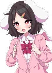Rule 34 | 1girl, :3, alternate costume, animal ears, backpack, bag, black hair, blush, bow, bowtie, cardigan, carrot hair ornament, commentary request, contemporary, fang, food-themed hair ornament, hair ornament, highres, inaba tewi, looking at viewer, medium hair, open mouth, rabbit ears, red bow, red bowtie, red eyes, shirt, simple background, smile, solo, touhou, tsukimirin, upper body, white background, white shirt