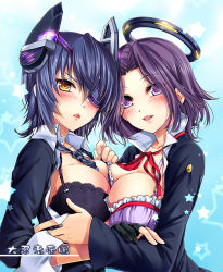 Rule 34 | 10s, 2girls, black hair, blush, breast press, breasts, cleavage, eyepatch, halo, headgear, kantai collection, kingchenxi, large breasts, lips, looking at viewer, mechanical halo, multiple girls, parted lips, purple eyes, purple hair, short hair, smile, symmetrical docking, tatsuta (kancolle), tenryuu (kancolle), underwear, undressing, yellow eyes