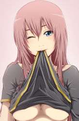 Rule 34 | 1girl, blue eyes, breasts, clothes lift, large breasts, long hair, megurine luka, mouth hold, no10, one eye closed, pink hair, shirt lift, smile, solo, underboob, vocaloid, wink