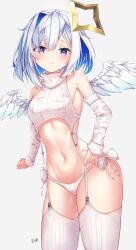 Rule 34 | 1girl, absurdres, alternate costume, amane kanata, angel wings, bare shoulders, blue hair, blush, bow, breasts, closed mouth, colored inner hair, commentary request, detached sleeves, ebifly401, feathered wings, garter straps, halo, highres, hololive, looking at viewer, medium hair, meme attire, mini wings, multicolored hair, navel, panties, purple eyes, side-tie panties, simple background, sleeveless, sleeveless sweater, sleeveless turtleneck, small breasts, solo, star halo, stomach, streaked hair, sweater, thighhighs, thighs, turtleneck, turtleneck sweater, underwear, virgin destroyer sweater, virtual youtuber, white bow, white garter straps, white hair, white panties, white sweater, white thighhighs, wings