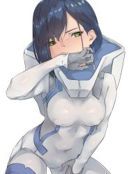 Rule 34 | 10s, 1girl, asymmetrical bangs, blue hair, blush, bodysuit, breasts, covered erect nipples, covered navel, covering own mouth, darling in the franxx, eyes visible through hair, green eyes, highres, ichigo (darling in the franxx), karan, leaning forward, looking at viewer, medium breasts, pilot suit, short hair, skin tight, solo, white bodysuit