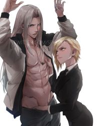 Rule 34 | 1boy, 1girl, abs, alternate costume, aqua eyes, arms up, asymmetrical bangs, black jacket, black pants, blonde hair, bulge, couple, elena (ff7), erection, erection under clothes, final fantasy, final fantasy vii, final fantasy vii remake, formal, grey hair, hand in pants, hand on another&#039;s chest, hetero, highres, jacket, long hair, muscular, muscular male, necktie, open clothes, open shirt, orange eyes, pants, parted bangs, parted lips, sephiroth, shirt, short hair, spykeee, suit, track jacket, white background, white shirt