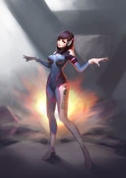 Rule 34 | 1girl, absurdres, acronym, animal print, armor, blue bodysuit, bodysuit, boots, bracer, breasts, breasts apart, brown eyes, brown hair, covered navel, d.va (overwatch), explosion, eyelashes, eyeliner, eyeshadow, facepaint, facial mark, fire, full body, gloves, hands up, headphones, high collar, highres, legs apart, lipstick, llk (740486133), long hair, long sleeves, looking at viewer, makeup, mascara, medium breasts, outstretched arms, overwatch, overwatch 1, parted lips, pauldrons, pilot suit, pink lips, rabbit print, ribbed bodysuit, shoulder armor, shoulder pads, skin tight, smile, smoke, solo, standing, swept bangs, teeth, thigh boots, thigh strap, thighhighs, whisker markings, white footwear, white gloves