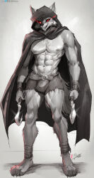 Rule 34 | 1boy, absurdres, bara, bare pectorals, barefoot, belt, claws, cloak, commentary, death, death (puss in boots), dual wielding, english commentary, evil smile, fangs, full body, furry, furry male, highres, holding, holding scythe, holding sickle, holding weapon, hood, hooded cloak, looking at viewer, male focus, pectorals, puss in boots, puss in boots: the last wish, red eyes, scythe, sharp teeth, sickle, smile, standing, strong, teeth, topless male, viejillox, weapon, wolf boy