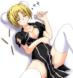 Rule 34 | 1girl, art brush, blonde hair, bun cover, china dress, chinese clothes, closed eyes, crotch, double bun, dress, female focus, figure, gradient background, hair bun, lask, paintbrush, panties, quiz magic academy, sleeping, solo, sound effects, spread legs, striped clothes, striped panties, thighhighs, underwear, white background, yang yang