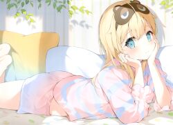 Rule 34 | 1girl, absurdres, animal crossing, barefoot, blonde hair, blush, closed mouth, eye mask, feet, feet up, from side, hair between eyes, hana mori, head rest, highres, hololive, kazama iroha, legs, legs up, long hair, long sleeves, looking at viewer, looking to the side, lying, mask, mask on head, nintendo, on bed, on stomach, pillow, pink shirt, pink shorts, plant, scan, shirt, shorts, smile, solo, striped clothes, striped shirt, tom nook (animal crossing), virtual youtuber