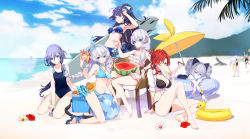 Rule 34 | 6+girls, absurdres, adjusting eyewear, ahoge, alternate costume, ankle ribbon, aqua bikini, armpits, ass, ball, bangle, bare shoulders, barefoot, beach, beach umbrella, beachball, bikini, black bikini, blouse, blue bikini, blue bow, blue eyes, blue footwear, blue one-piece swimsuit, blue ribbon, blue sarong, blue sky, blurry, blurry background, blush, bow, bracelet, braid, breasts, bronya zaychik, brown footwear, cecilia schariac, chair, choker, cici, cleavage, closed mouth, clothes writing, collarbone, cooler, crossed bangs, cup, day, drill hair, eyewear on head, feet, floral print, flower, food, frilled bikini, frills, fruit, fu hua, hair between eyes, hair bow, hair ornament, hair over shoulder, hairband, hairclip, hibiscus, highres, holding, holding cup, holding food, holding spoon, holding surfboard, holding swim ring, honkai (series), honkai impact 3rd, innertube, jewelry, kallen kaslana, kiana kaslana, knee up, large breasts, leg ribbon, licking lips, light purple hair, long hair, looking at viewer, lying, medium breasts, mole, mole on breast, multiple girls, murata himeko, neck ribbon, neckerchief, necklace, ocean, official art, on stomach, one-piece swimsuit, one eye closed, open mouth, outdoors, palm tree, parted bangs, parted lips, pendant, pink neckwear, ponytail, popsicle, purple eyes, purple hair, raiden mei, red hair, ribbon, sand, sandals, sarong, school swimsuit, see-through, shirt, side braid, sidelocks, silver hair, sitting, sky, sleeve cuffs, small breasts, smile, source request, spoon, star (symbol), star hair ornament, sunflower, sunglasses, surfboard, swim ring, swimsuit, theresa apocalypse, tied shirt, tongue, tongue out, tree, twin braids, twin drills, twintails, umbrella, very long hair, watermelon, white bow, white shirt, wing collar, wristband, yellow eyes