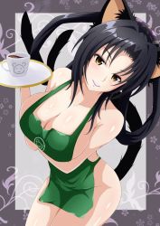 Rule 34 | 1girl, animal ears, apron, black hair, breasts, cat ears, cat girl, cat tail, cleavage, coffee, cup, female focus, high school dxd, holding, holding tray, kuroka (high school dxd), large breasts, long hair, looking at viewer, minaisu, multiple tails, naked apron, parted lips, purple lips, smile, solo, standing, tail, tray, yellow eyes
