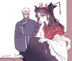 Rule 34 | 1boy, 1girl, archer (fate), blue eyes, brown hair, byulrorqual, chinese clothes, dark-skinned male, dark skin, fate/stay night, fate (series), jewelry, korean clothes, necklace, tohsaka rin, two side up, white hair, wide sleeves