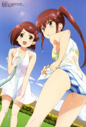 Rule 34 | 2girls, :d, :o, absurdres, ass, bandaid, bandaid on face, bare arms, bikini, bra, day, dress, dutch angle, female focus, fence, flower, from behind, fujii yui, halterneck, highres, holding, hose, kissxsis, leaning forward, lens flare, lingerie, looking at viewer, looking back, megami magazine, multiple girls, official art, open mouth, outdoors, panties, ponytail, scan, see-through, siblings, sisters, sky, sleeveless, sleeveless dress, smile, standing, striped bikini, striped clothes, striped panties, suminoe ako, suminoe riko, sundress, sunflower, swimsuit, twins, underwear, wet, wet clothes, white dress, yellow bra