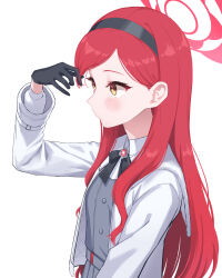 Rule 34 | 1girl, absurdres, adjusting hair, aoi riko, black gloves, blue archive, blush, breasts, dress, gloves, grey dress, halo, highres, jacket, long hair, parted bangs, red hair, simple background, small breasts, solo, takane (blue archive), upper body, very long hair, white background, white jacket