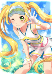 Rule 34 | 1girl, absurdres, aikatsu! (series), aikatsu friends!, blonde hair, blue sky, blush, closed mouth, day, floating hair, gloves, goggles, goggles on head, green eyes, hand up, highres, hinata ema (aikatsu friends!), leaning forward, lens flare, lens flare abuse, long hair, looking at viewer, one eye closed, outdoors, partially fingerless gloves, pleated skirt, sekina, shirt, skirt, sky, smile, solo, twintails, very long hair, white shirt, white skirt