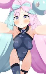 Rule 34 | 1girl, aqua hair, armpits, bare shoulders, blush, bow-shaped hair, closed mouth, commentary, covered navel, creatures (company), donutman, game freak, groin, highleg, highleg leotard, highres, impossible clothes, impossible leotard, iono (pokemon), leotard, long hair, looking at viewer, multicolored eyes, multicolored hair, nintendo, outstretched arms, paid reward available, pink eyes, pink hair, pokemon, pokemon sv, reaching, reaching towards viewer, simple background, single thighhigh, solo, sweatdrop, thigh strap, thighhighs, two-tone hair, very long hair, white background