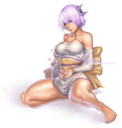 Rule 34 | ayane (doa), barefoot, breasts, cherry blossoms, cleavage, curvy, dead or alive, feet, japanese clothes, large breasts, legs, petals, purple hair, solo, tecmo, thighs