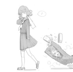 Rule 34 | 1boy, 1girl, candy, closed eyes, d:, dirt, doremi (doremi4704), falling, food, from side, greyscale, hand up, heart, long sleeves, monochrome, musical note, one-punch man, open mouth, pleated skirt, sailor collar, school uniform, serafuku, shirt, shoes, short hair, simple background, skirt, socks, spoken musical note, standing, tatsumaki, tears, valentine, white background