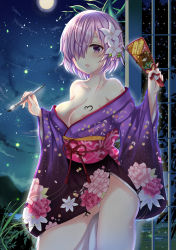 Rule 34 | 1girl, :o, absurdres, bare legs, bare shoulders, blush, breasts, bug, cleavage, collarbone, fate/grand order, fate (series), fence, firefly, floral print, flower, full moon, hair flower, hair ornament, hair over one eye, hands up, highres, holding, holding paintbrush, insect, japanese clothes, kimono, large breasts, light purple hair, mash kyrielight, mash kyrielight (grand new year), moon, neck, night, night sky, off shoulder, official alternate costume, open mouth, outdoors, paddle, paintbrush, panties, pantyshot, plant, purple eyes, purple kimono, short hair, side slit, sky, solo, standing, star (sky), starry sky, type-moon, underwear, white panties, wide sleeves, wu ji miao