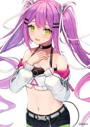 Rule 34 | 1girl, absurdres, black choker, black shorts, blush, choker, commentary request, crop top, cropped jacket, dvdarts, green eyes, green nails, hair ornament, hair ribbon, hairclip, highres, hololive, jacket, long hair, long sleeves, looking at viewer, multicolored nails, nail polish, navel, navel piercing, open mouth, own hands together, piercing, puffy long sleeves, puffy sleeves, purple eyes, purple nails, ribbon, shorts, smile, solo, standing, stomach, tail, tokoyami towa, transparent background, twintails, twitter username, very long hair, virtual youtuber, white jacket, white ribbon
