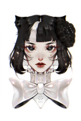Rule 34 | 1girl, black flower, black hair, blurry, bow, bowtie, commission, depth of field, expressionless, eyelashes, eyeshadow, flower, frills, hair bow, hair flower, hair ornament, highres, inoaart, long eyelashes, looking at viewer, makeup, multicolored hair, original, portrait, red eyeshadow, red lips, short hair, simple background, solo, streaked hair, two-tone hair, watermark, white background, white bow, white bowtie, white hair