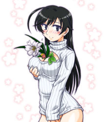 Rule 34 | 10s, 1girl, ahoge, between breasts, black eyes, black hair, blush, breast hold, breasts, cleavage, flower, girls und panzer, isuzu hana, lily (flower), long hair, looking at viewer, medium breasts, meme attire, no pants, oosaka kanagawa, open-chest sweater, ribbed sweater, smile, solo, standing, sweater, turtleneck, white background