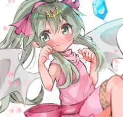 Rule 34 | 1girl, blush, closed mouth, delaware3850, dragon wings, dragonstone, dress, fire emblem, fire emblem: mystery of the emblem, furrowed brow, gem, green eyes, grey wings, hair between eyes, hair ribbon, hands up, highres, light green hair, long hair, multicolored wings, nintendo, petals, pink dress, pink ribbon, pink sash, pink scarf, pointy ears, ponytail, red gemstone, ribbon, sash, scarf, solo, tiki (fire emblem), tiki (young) (fire emblem), two-tone wings, white wings, wings
