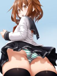 Rule 34 | 1girl, absurdres, ass, black skirt, black thighhighs, blue background, brown eyes, brown hair, dd (ijigendd), fang, from below, hair between eyes, hair ornament, hairclip, highres, ikazuchi (kancolle), kantai collection, long sleeves, looking at viewer, neckerchief, open mouth, panties, school uniform, serafuku, skirt, solo, striped clothes, striped panties, thighhighs, thighs, underwear